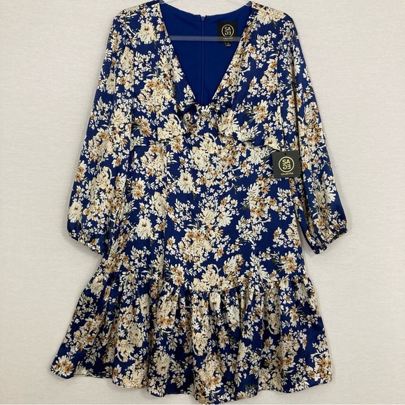 New Sage Collective Blue Yellow Floral V Neck Ruffle Hem Dress size 10 Feminine - Picture 1 of 11